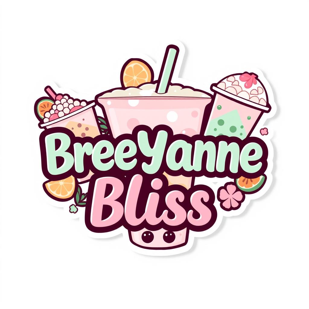 A charming and whimsical sticker design for a milktea business named "BreeYanne Bliss"