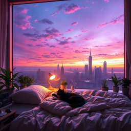 A cozy bedroom featuring a large window that offers a stunning view of a futuristic city skyline during sunset