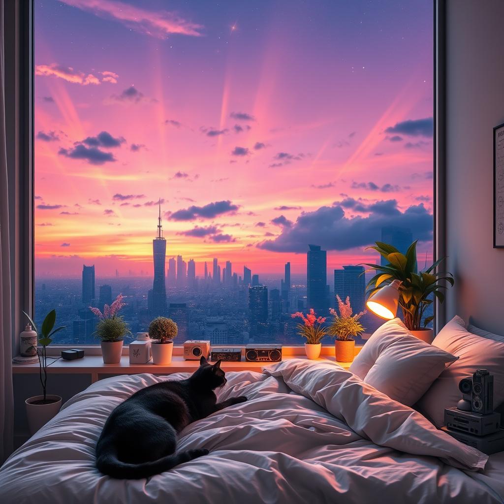 A cozy bedroom featuring a large window that offers a stunning view of a futuristic city skyline during sunset