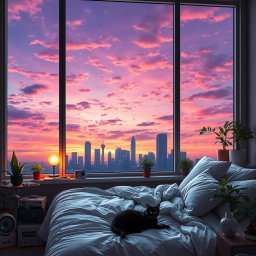 A cozy bedroom featuring a large window that offers a stunning view of a futuristic city skyline during sunset