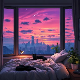 A cozy bedroom featuring a large window that offers a stunning view of a futuristic city skyline during sunset