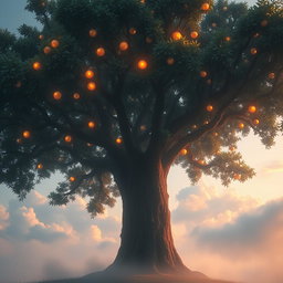 A large, majestic tree in a heavenly setting, adorned with shimmering, luminous fruits