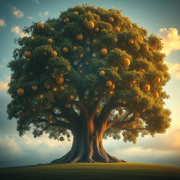A large, majestic tree in a heavenly setting, adorned with shimmering, luminous fruits