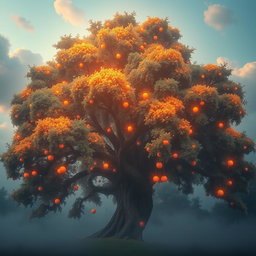 A large, majestic tree in a heavenly setting, adorned with shimmering, luminous fruits