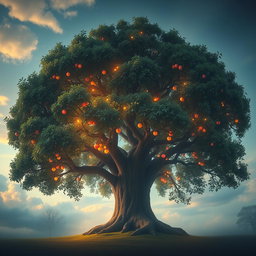 A large, majestic tree in a heavenly setting, adorned with shimmering, luminous fruits