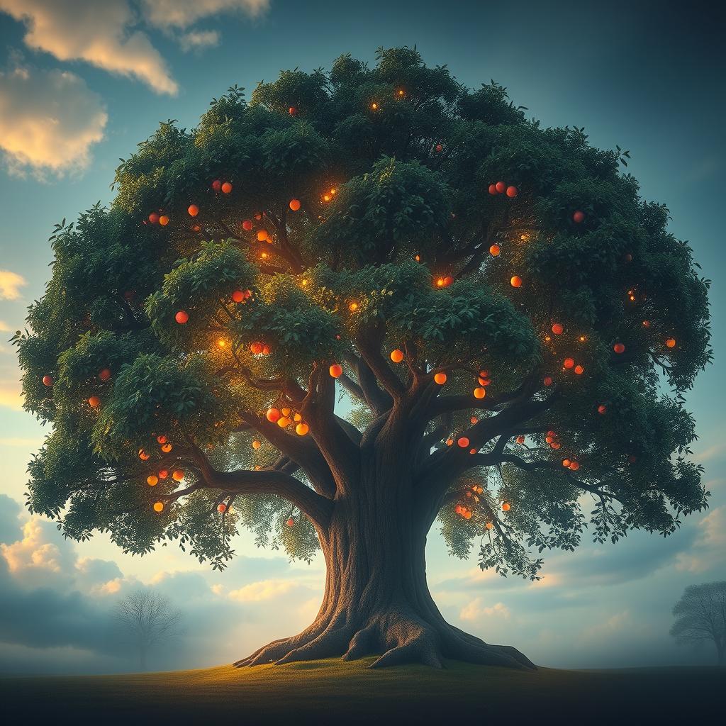 A large, majestic tree in a heavenly setting, adorned with shimmering, luminous fruits