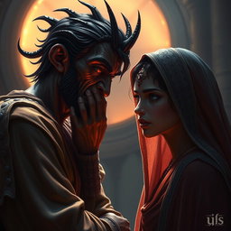 A dramatic scene depicting Iblis whispering to Adam and Hawa, with a sly and cunning expression on his face