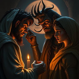 A dramatic scene depicting Iblis whispering to Adam and Hawa, with a sly and cunning expression on his face