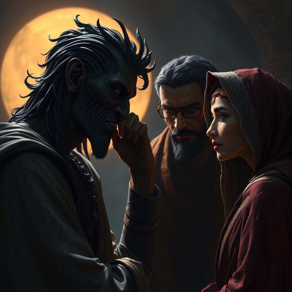 A dramatic scene depicting Iblis whispering to Adam and Hawa, with a sly and cunning expression on his face