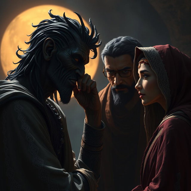 A dramatic scene depicting Iblis whispering to Adam and Hawa, with a sly and cunning expression on his face