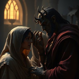 A dramatic scene depicting Iblis whispering to Adam and Hawa, with a sly and cunning expression on his face