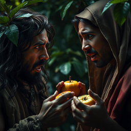 A striking scene of Adam and Hawa eating the forbidden fruit, their faces reflecting shock and guilt