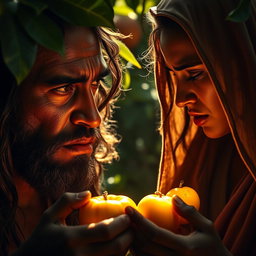 A striking scene of Adam and Hawa eating the forbidden fruit, their faces reflecting shock and guilt
