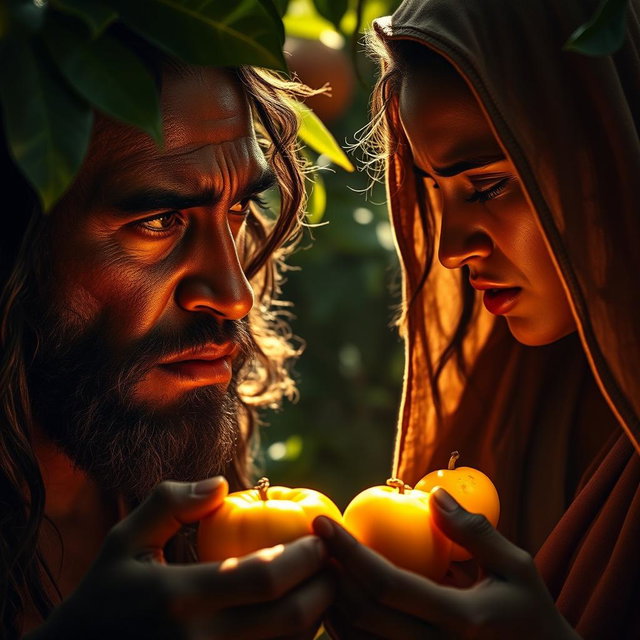 A striking scene of Adam and Hawa eating the forbidden fruit, their faces reflecting shock and guilt