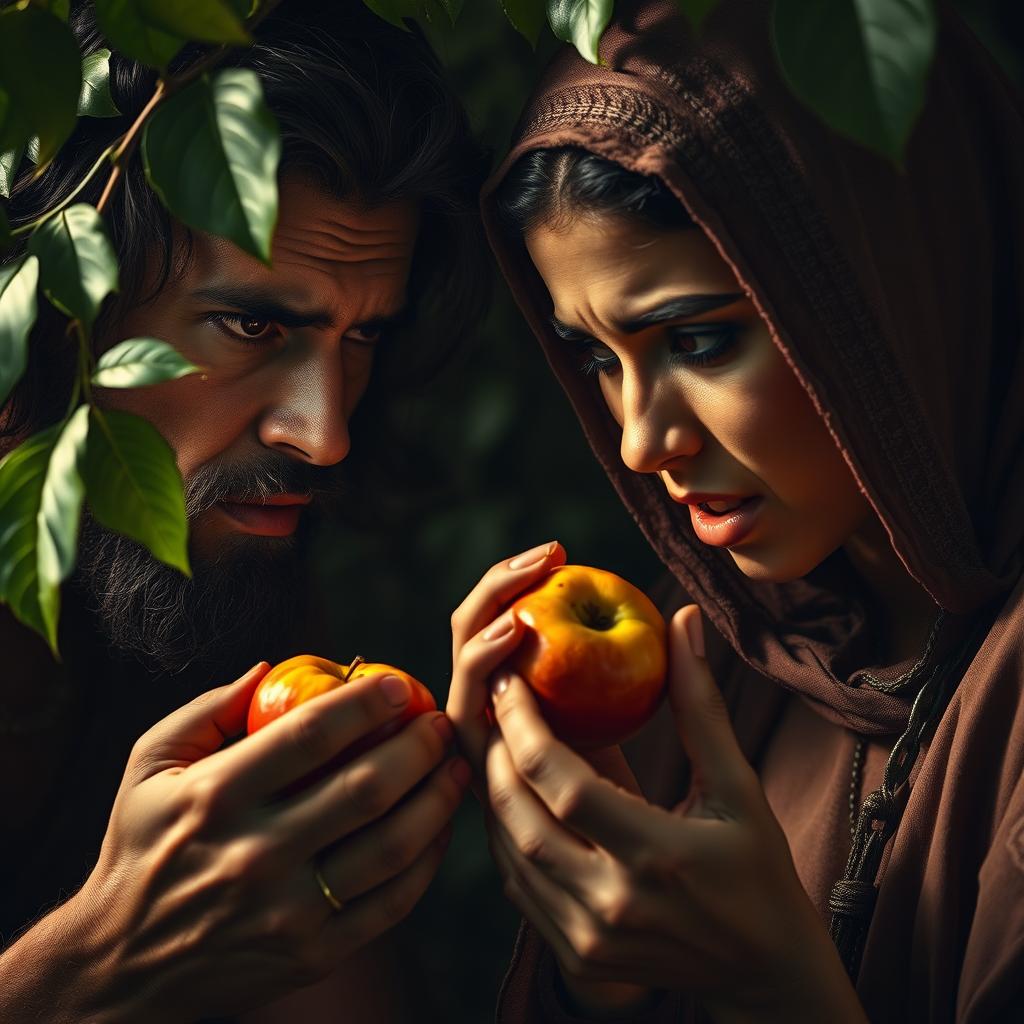 A striking scene of Adam and Hawa eating the forbidden fruit, their faces reflecting shock and guilt