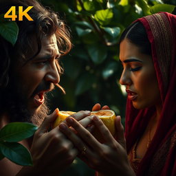A striking scene of Adam and Hawa eating the forbidden fruit, their faces reflecting shock and guilt