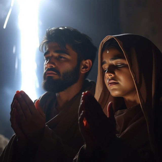 A poignant scene of Adam and Hawa praying with tears on their faces, their expressions filled with emotion and sincerity