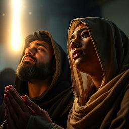 A poignant scene of Adam and Hawa praying with tears on their faces, their expressions filled with emotion and sincerity