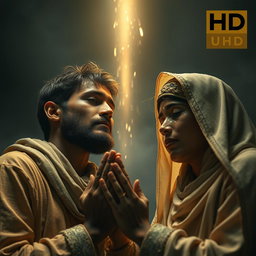 A poignant scene of Adam and Hawa praying with tears on their faces, their expressions filled with emotion and sincerity