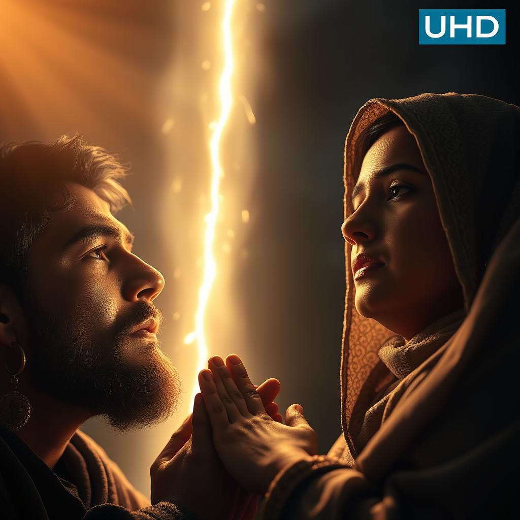 A poignant scene of Adam and Hawa praying with tears on their faces, their expressions filled with emotion and sincerity
