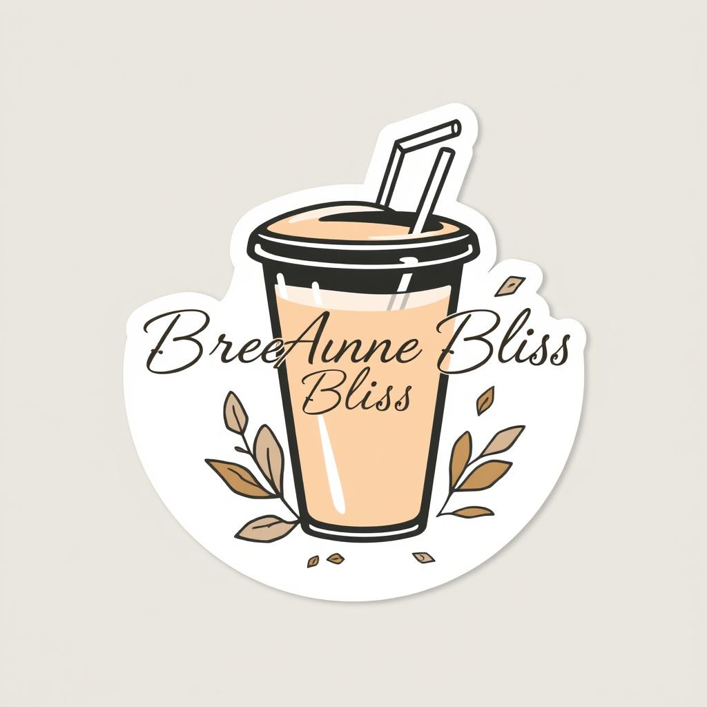 A sleek and professional milktea-themed sticker designed for business use featuring the name 'BreeAnne Bliss' in an elegant, modern font