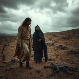 A poignant scene of Adam and Hawa descending to Earth, surrounded by barren, desolate land