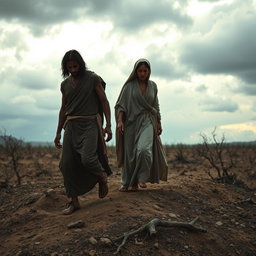 A poignant scene of Adam and Hawa descending to Earth, surrounded by barren, desolate land