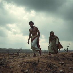 A poignant scene of Adam and Hawa descending to Earth, surrounded by barren, desolate land