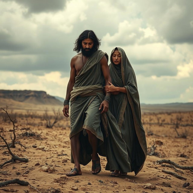 A poignant scene of Adam and Hawa descending to Earth, surrounded by barren, desolate land