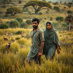 A captivating portrait of Adam and Hawa walking through a vast field as they search for a new life