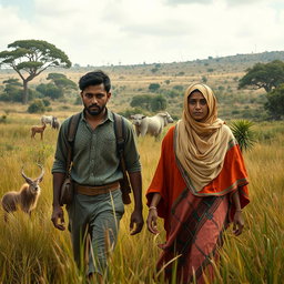 A captivating portrait of Adam and Hawa walking through a vast field as they search for a new life