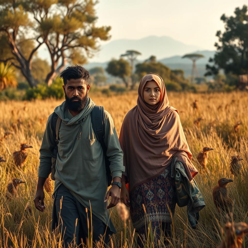 A captivating portrait of Adam and Hawa walking through a vast field as they search for a new life