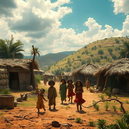 A vivid depiction of the first human village as the world begins to flourish, showcasing the children of Adam and Hawa spreading throughout the landscape