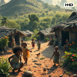 A vivid depiction of the first human village as the world begins to flourish, showcasing the children of Adam and Hawa spreading throughout the landscape