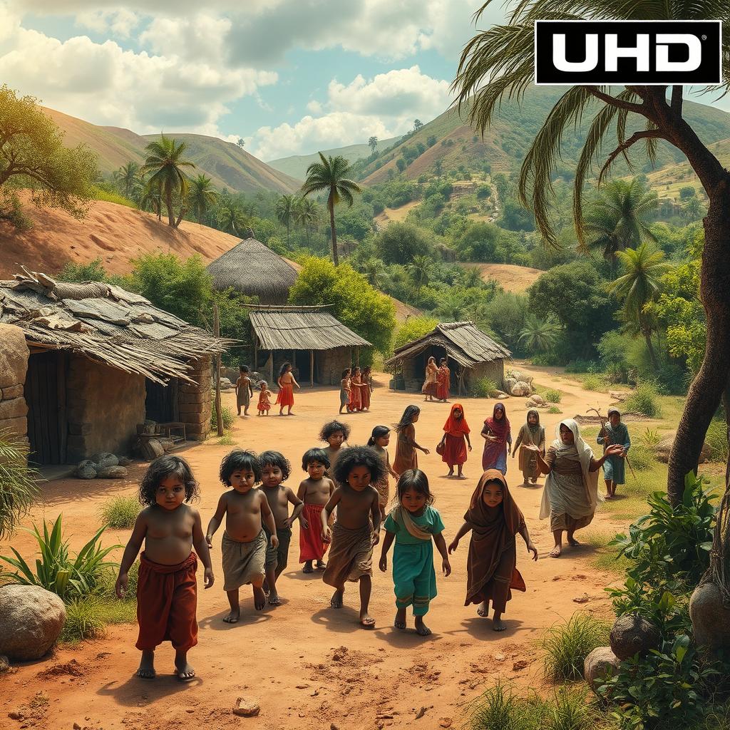 A vivid depiction of the first human village as the world begins to flourish, showcasing the children of Adam and Hawa spreading throughout the landscape