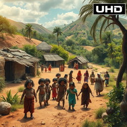 A vivid depiction of the first human village as the world begins to flourish, showcasing the children of Adam and Hawa spreading throughout the landscape