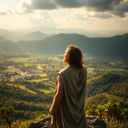 A breathtaking view of Adam standing at the top of a hill, gazing down upon his descendants as they thrive and grow