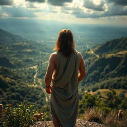 A breathtaking view of Adam standing at the top of a hill, gazing down upon his descendants as they thrive and grow