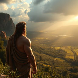 A breathtaking view of Adam standing at the top of a hill, gazing down upon his descendants as they thrive and grow