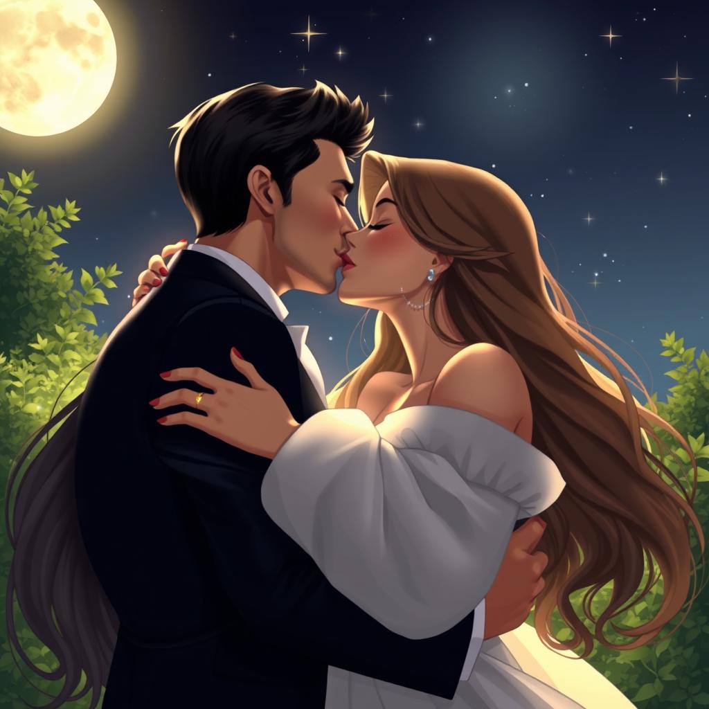 A romantic scene featuring a couple passionately kissing under a starlit sky