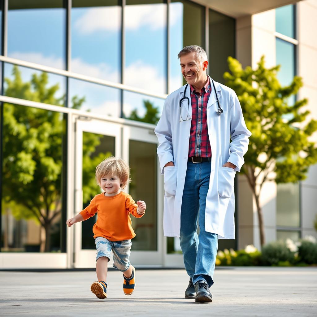 A warm and friendly scene depicting a man physician, dressed in a white coat and stethoscope, walking alongside a young boy outside a modern hospital