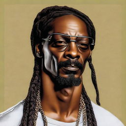 A lifelike, detailed portrait of Snoop Dogg, the iconic rap artist, featuring his characteristic braids and relaxed demeanor