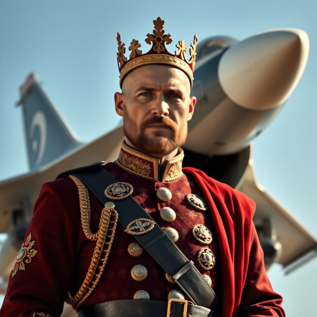 A bald man wearing a vintage Ottoman military uniform and a crown, standing confidently with a powerful Sukhoi fighter jet in the background