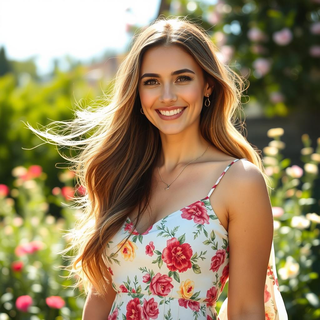 A beautiful portrait of a woman with long flowing hair, wearing a floral dress in a sunlit outdoor setting