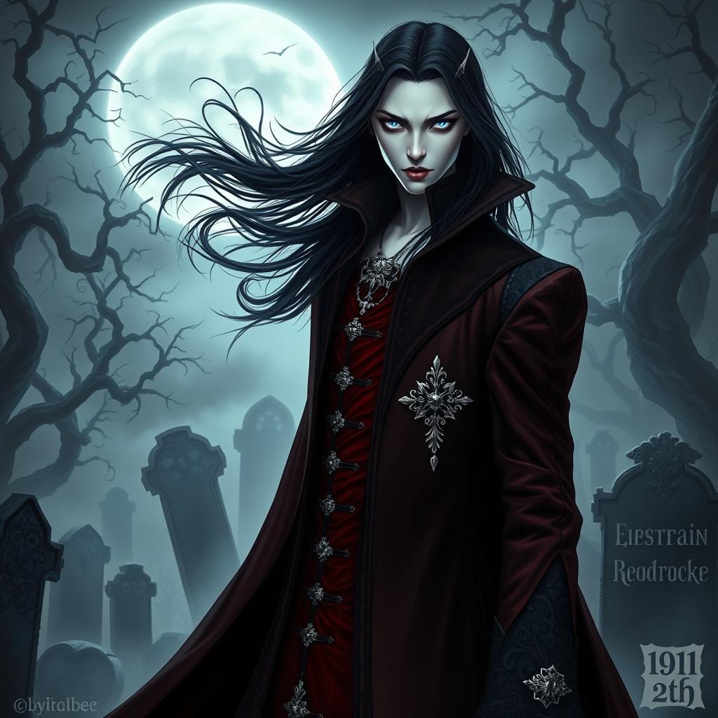 A striking vampire character design for a gothic novel cover, featuring a tall, elegant figure with pale skin and long black hair flowing dramatically