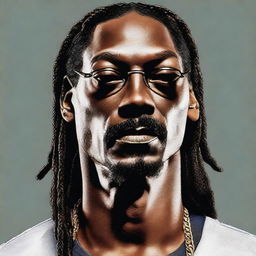 A lifelike, detailed portrait of Snoop Dogg, the iconic rap artist, featuring his characteristic braids and relaxed demeanor