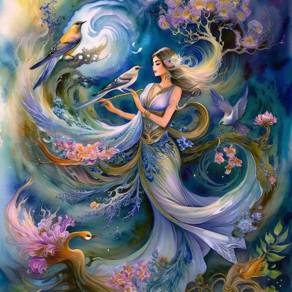 Full body Mystical watercolor painting in a swirl of flowers and asymmetric bonsai trees and beautiful birds, the whole body of a mystical Persian woman in a dream
