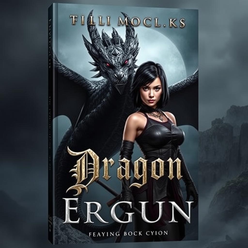 A dramatic book cover featuring a fierce black dragon prominently displayed in the center