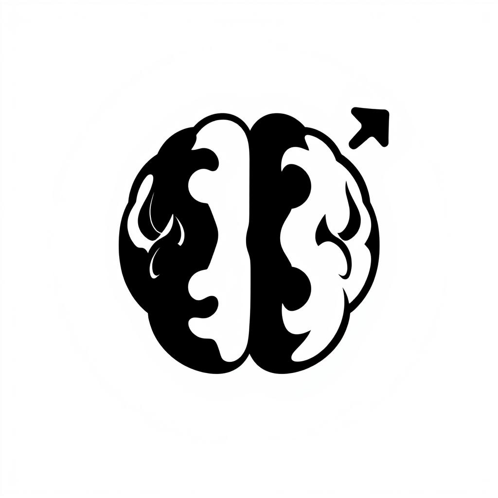 A simple logo of a brain in black and white, centered within a circular or arrow-shaped pointer