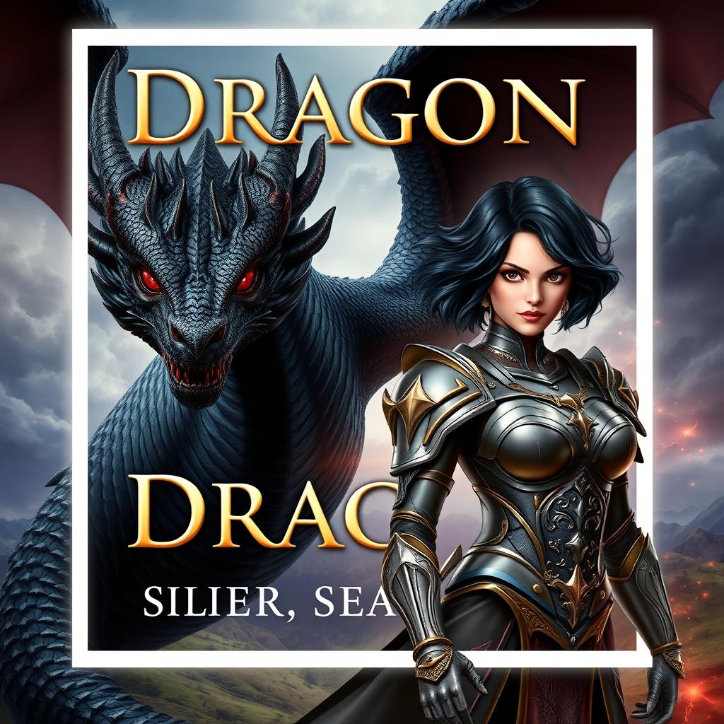 A book cover featuring a powerful black dragon with shimmering scales and fierce eyes, alongside a strong woman with short, wavy black hair and striking red eyes